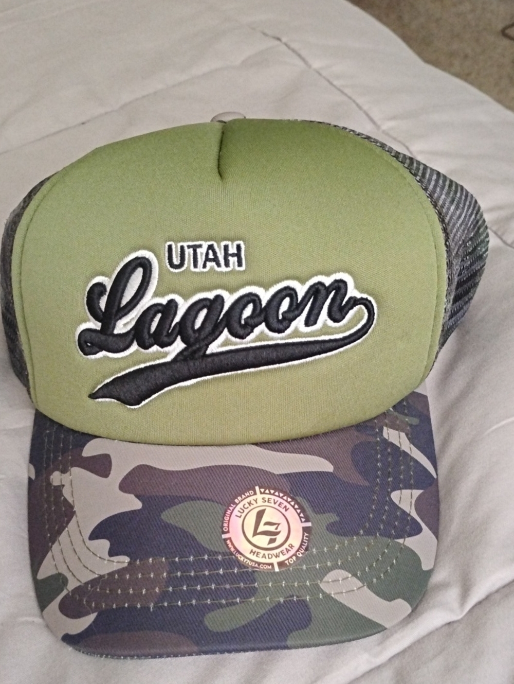 Lucky Brand Olive Green Trucker Hat with Camo Brim